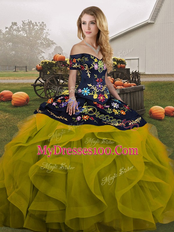 Cute Tulle Off The Shoulder Sleeveless Lace Up Embroidery and Ruffles Sweet 16 Dresses in Olive Green