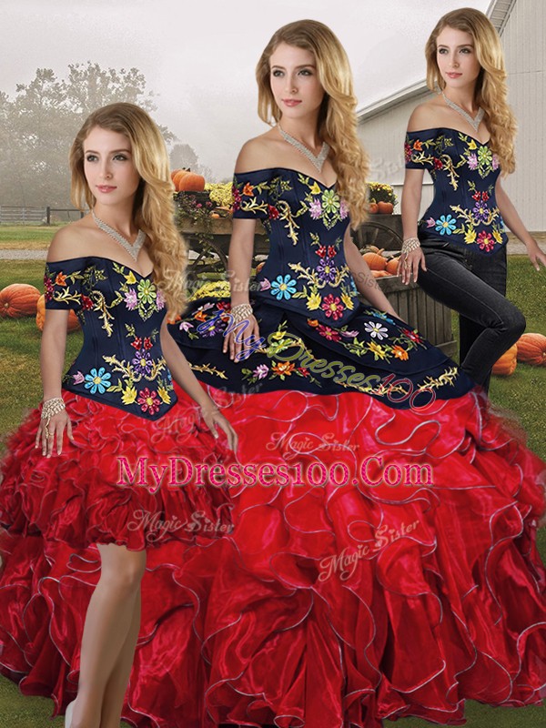 Red And Black Organza Lace Up Sweet 16 Quinceanera Dress Sleeveless Floor Length Embroidery and Ruffles