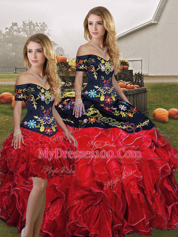 Red And Black Organza Lace Up Sweet 16 Quinceanera Dress Sleeveless Floor Length Embroidery and Ruffles