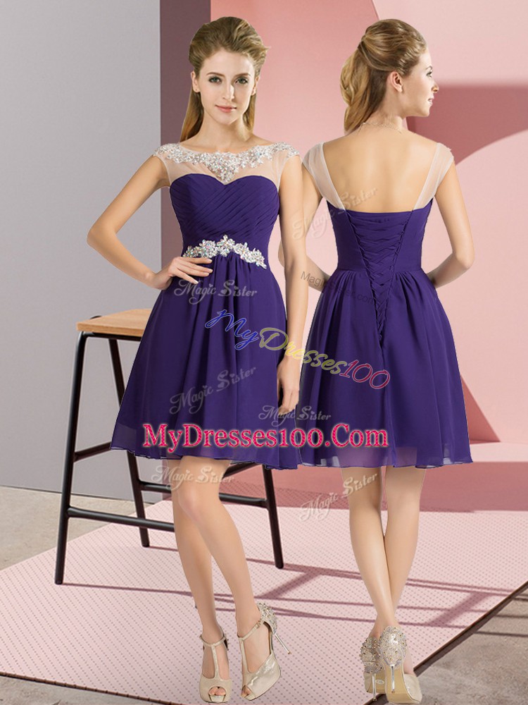 Cheap Purple Chiffon Lace Up Bridesmaid Dress Cap Sleeves Mini Length Beading