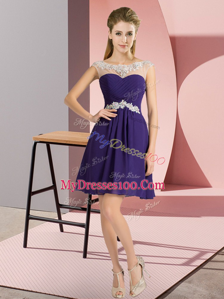 Cheap Purple Chiffon Lace Up Bridesmaid Dress Cap Sleeves Mini Length Beading