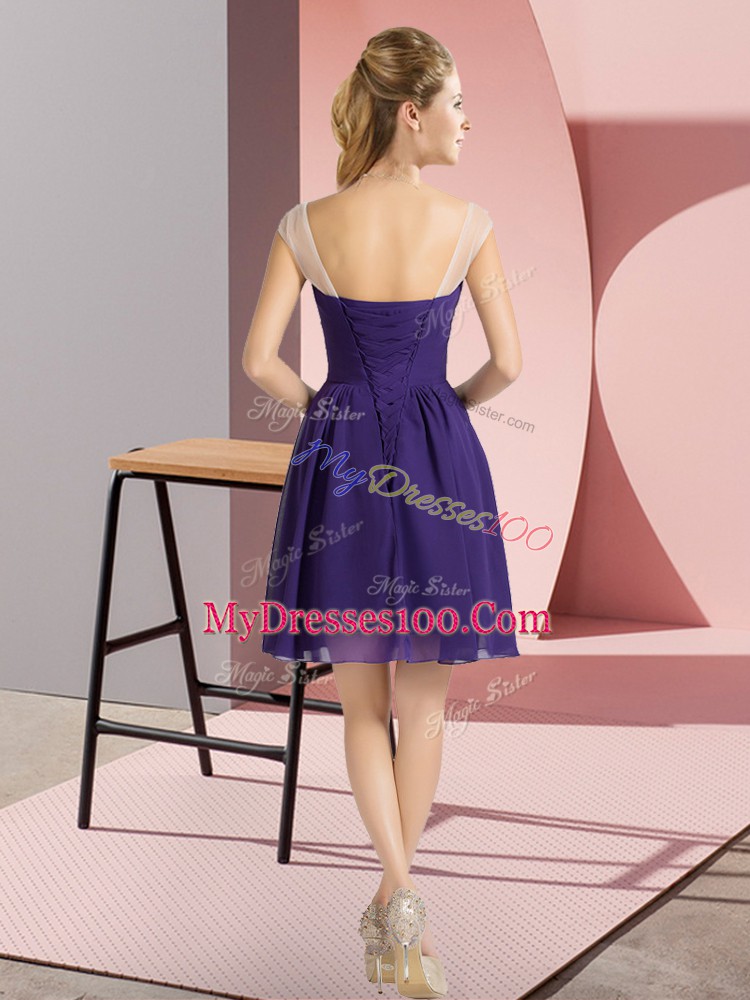 Cheap Purple Chiffon Lace Up Bridesmaid Dress Cap Sleeves Mini Length Beading