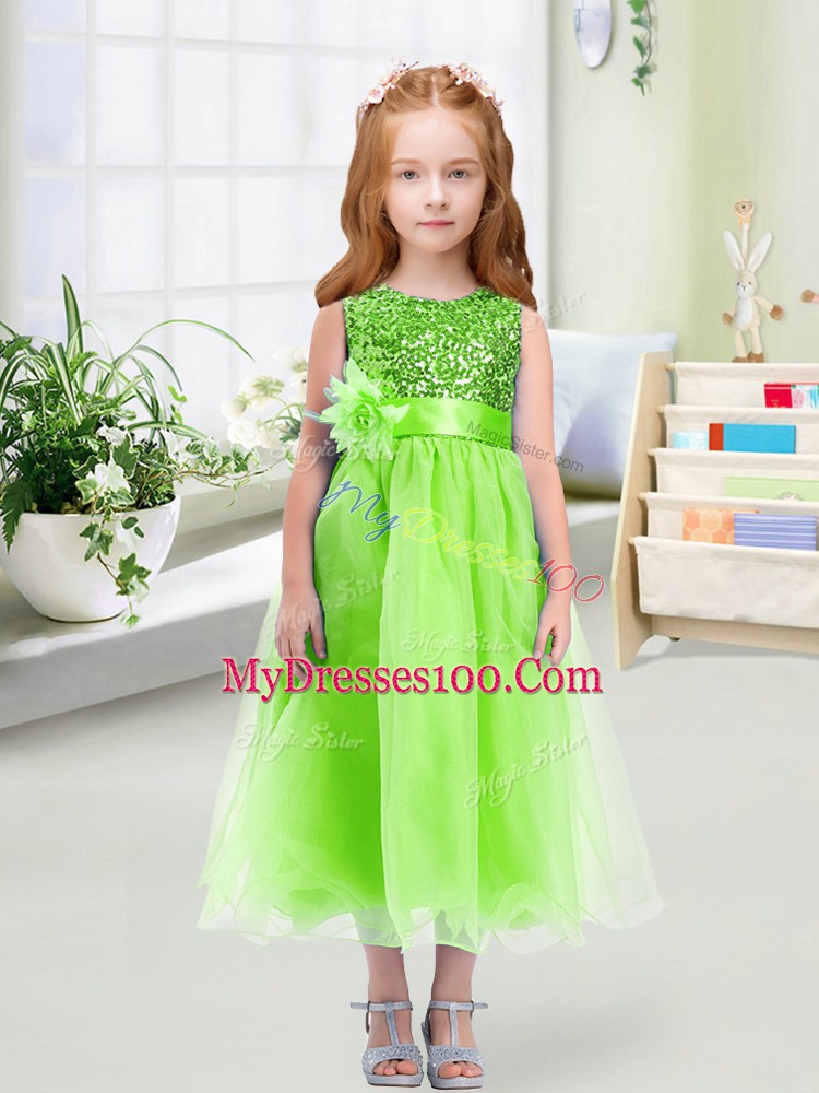 Sleeveless Sequins and Hand Made Flower Zipper Flower Girl Dress