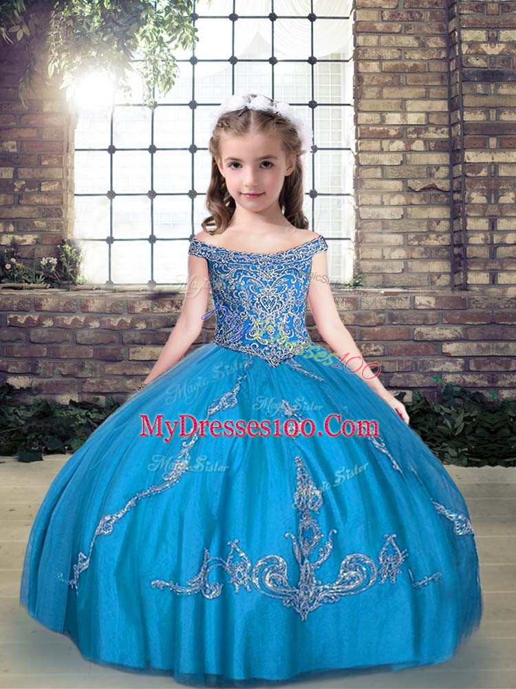 Off The Shoulder Sleeveless Tulle Little Girl Pageant Dress Beading and Appliques Lace Up