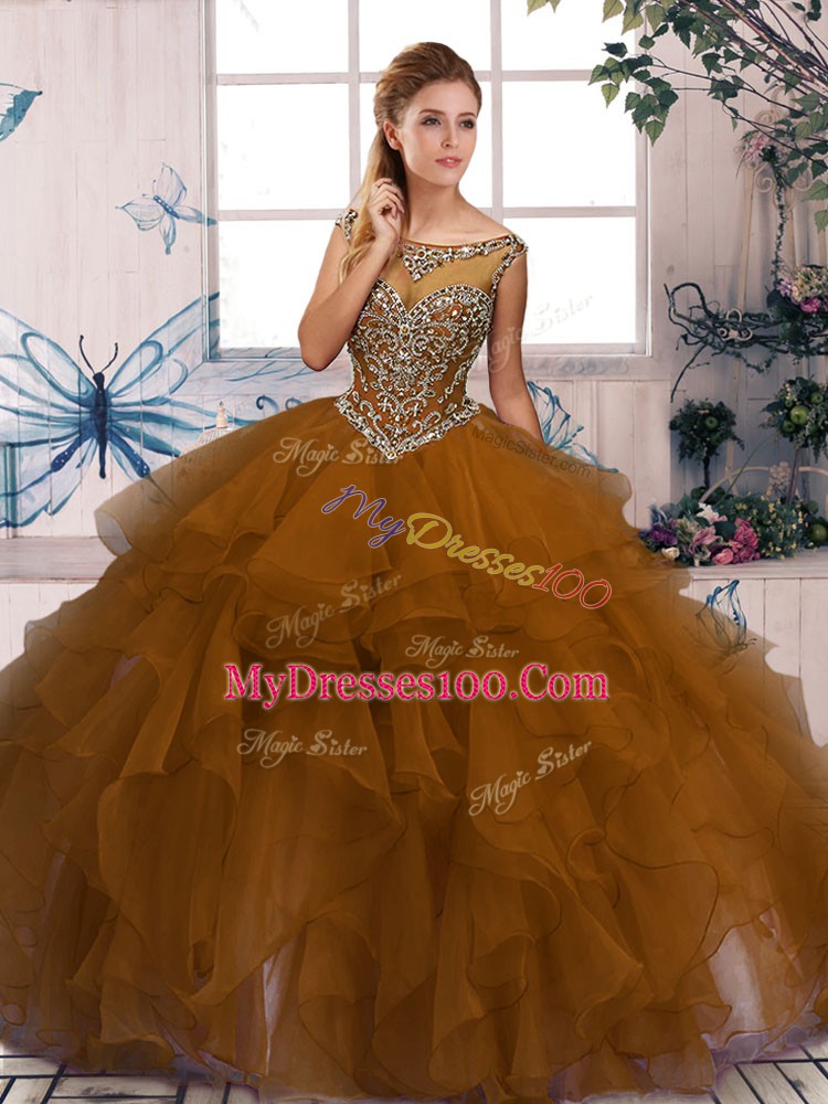 Colorful Floor Length Ball Gowns Sleeveless Brown Quinceanera Gowns Zipper