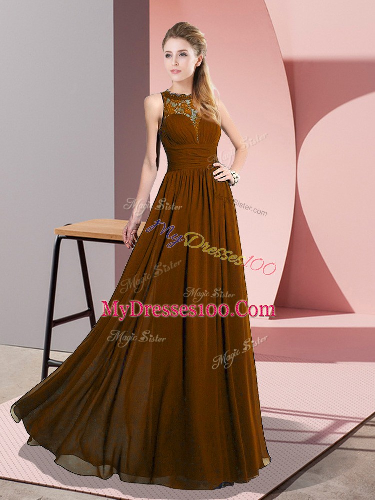 Customized Sleeveless Floor Length Lace Zipper Evening Dress with Brown
