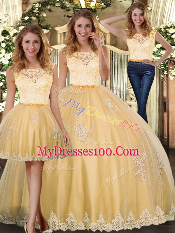 Top Selling Gold Tulle Clasp Handle Sweet 16 Dress Sleeveless Floor Length Lace and Appliques