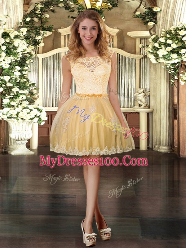 Top Selling Gold Tulle Clasp Handle Sweet 16 Dress Sleeveless Floor Length Lace and Appliques