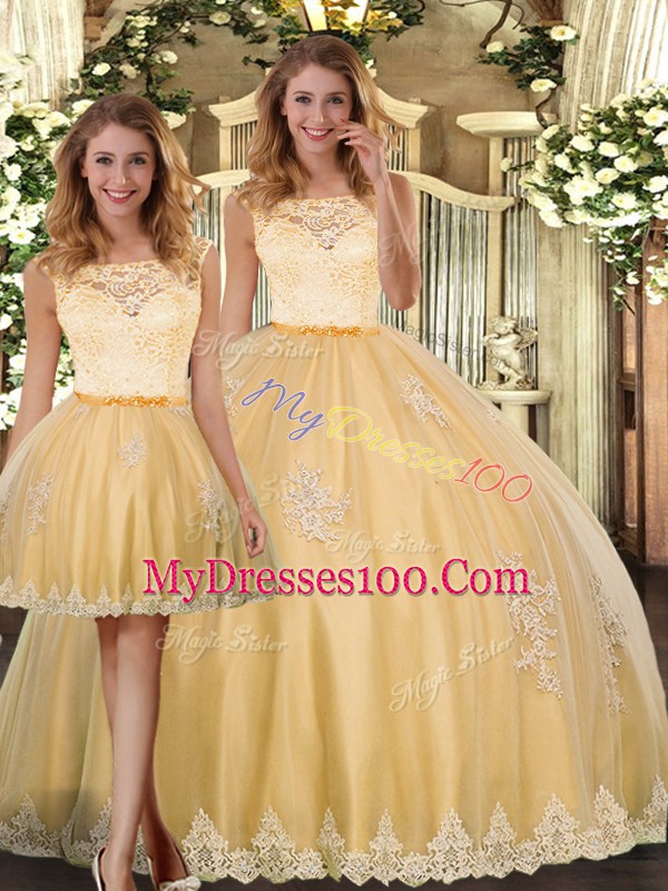 Top Selling Gold Tulle Clasp Handle Sweet 16 Dress Sleeveless Floor Length Lace and Appliques