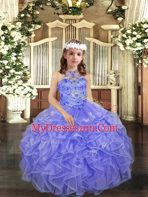Lavender Ball Gowns Beading and Ruffles Little Girls Pageant Gowns Lace Up Organza Sleeveless Floor Length