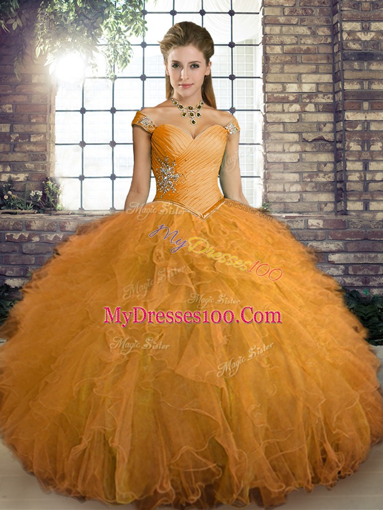 Orange Tulle Lace Up Off The Shoulder Sleeveless Floor Length 15 Quinceanera Dress Beading and Ruffles