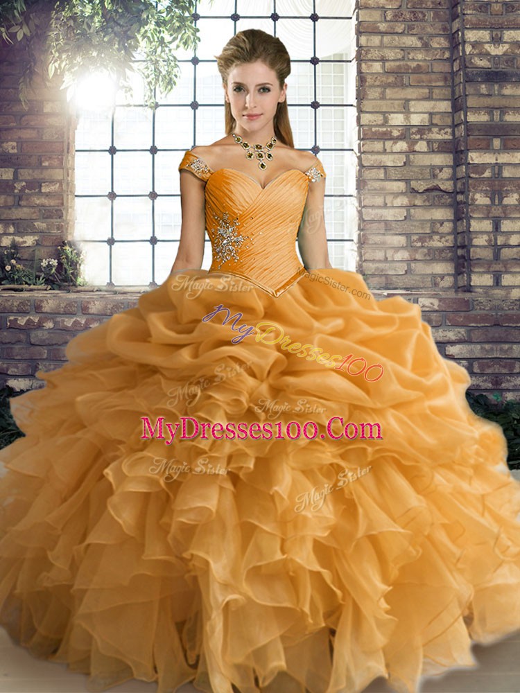 Dazzling Orange Off The Shoulder Lace Up Beading and Ruffles and Pick Ups Sweet 16 Dress Sleeveless