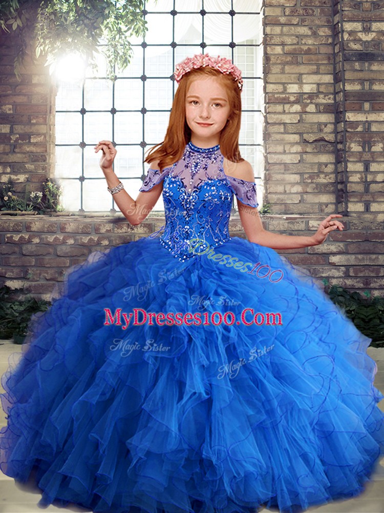 Blue Sleeveless Floor Length Beading and Ruffles Lace Up Girls Pageant Dresses