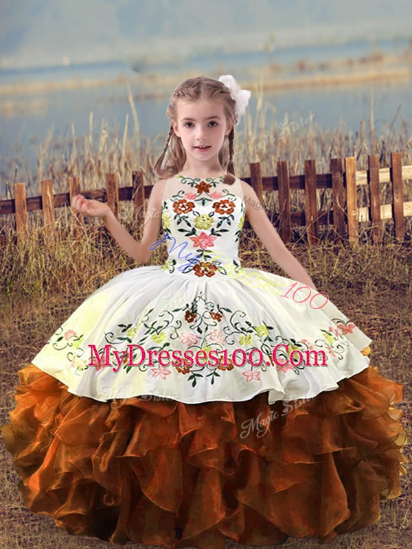 Rust Red Ball Gowns Organza Scoop Sleeveless Embroidery and Ruffles Floor Length Lace Up Little Girl Pageant Dress