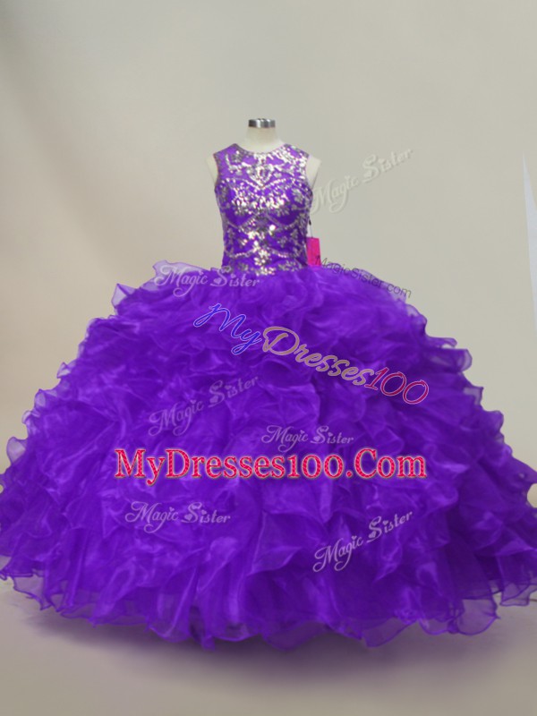 New Arrival Floor Length Lace Up 15th Birthday Dress Purple for Sweet 16 and Quinceanera with Ruffles and Sequins