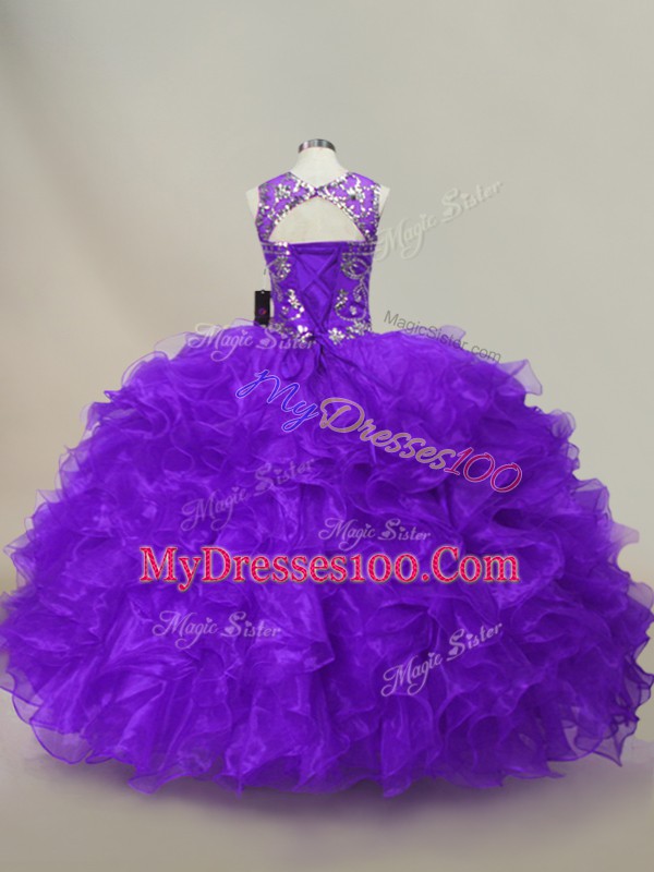 New Arrival Floor Length Lace Up 15th Birthday Dress Purple for Sweet 16 and Quinceanera with Ruffles and Sequins