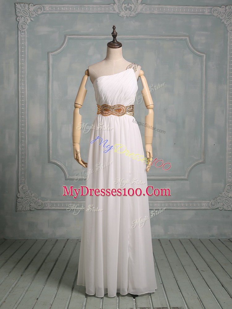 Nice White Empire One Shoulder Sleeveless Chiffon Floor Length Side Zipper Beading Bridal Gown