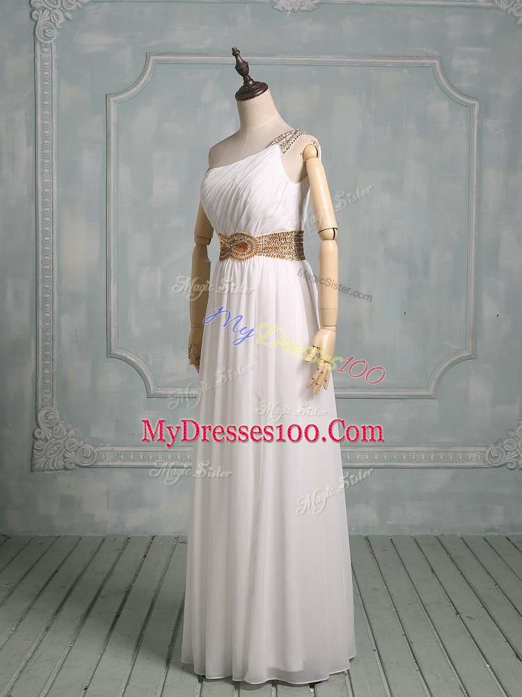 Nice White Empire One Shoulder Sleeveless Chiffon Floor Length Side Zipper Beading Bridal Gown