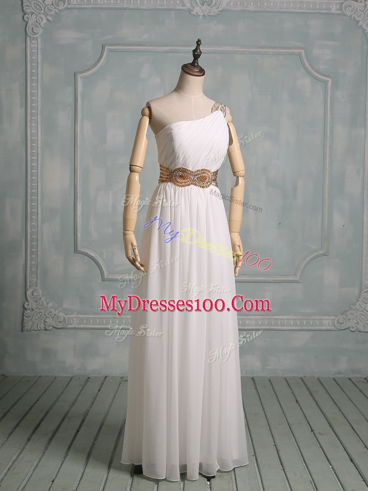 Nice White Empire One Shoulder Sleeveless Chiffon Floor Length Side Zipper Beading Bridal Gown