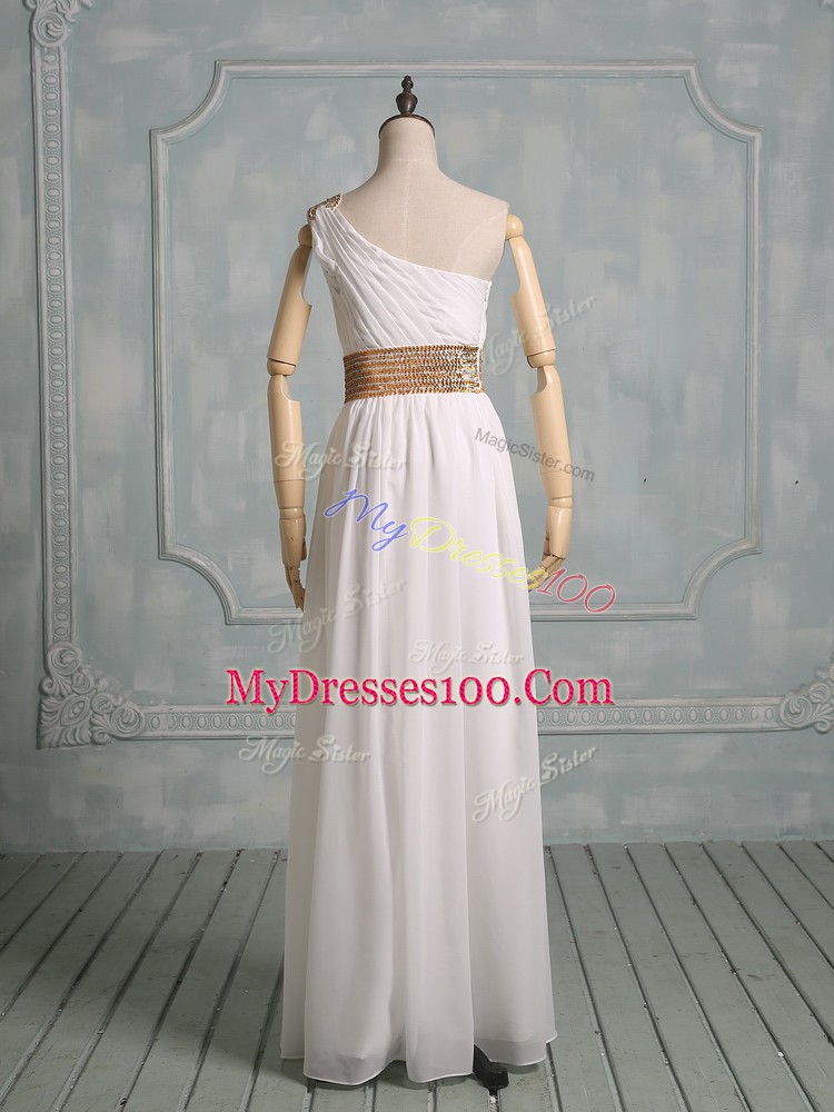 Nice White Empire One Shoulder Sleeveless Chiffon Floor Length Side Zipper Beading Bridal Gown