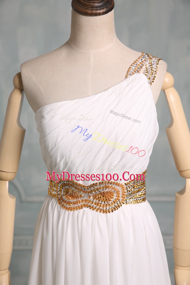 Nice White Empire One Shoulder Sleeveless Chiffon Floor Length Side Zipper Beading Bridal Gown