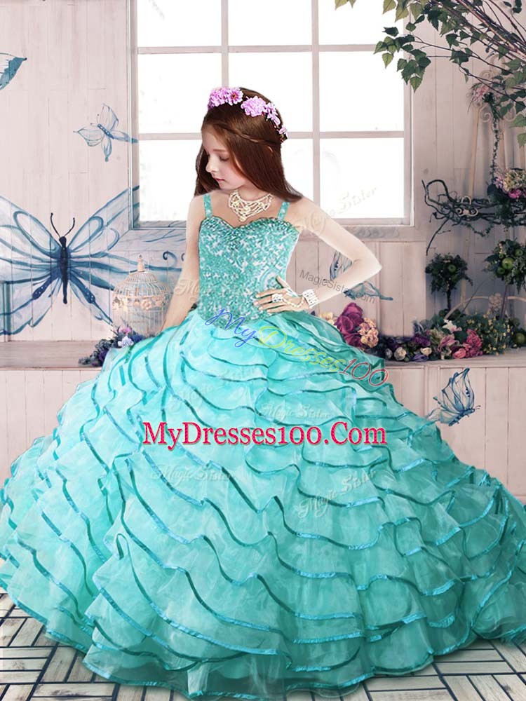 Aqua Blue Spaghetti Straps Neckline Beading and Ruffled Layers Girls Pageant Dresses Sleeveless Lace Up