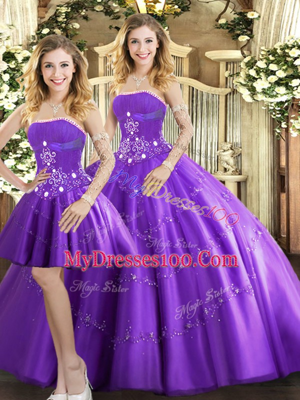 Purple Sleeveless Beading Floor Length 15th Birthday Dress