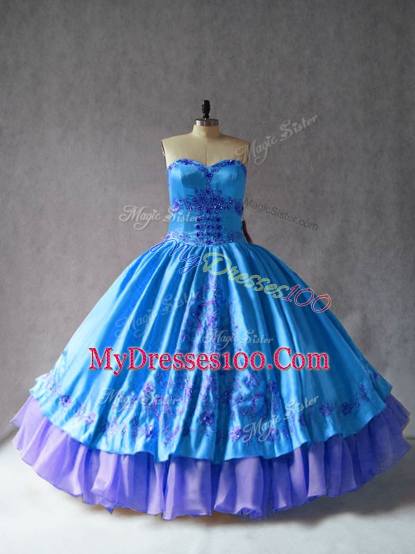 Blue Ball Gowns Satin and Organza Sweetheart Sleeveless Embroidery Floor Length Lace Up Quince Ball Gowns