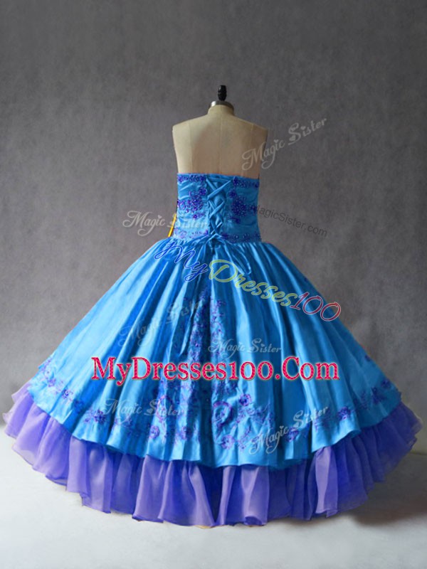 Blue Ball Gowns Satin and Organza Sweetheart Sleeveless Embroidery Floor Length Lace Up Quince Ball Gowns