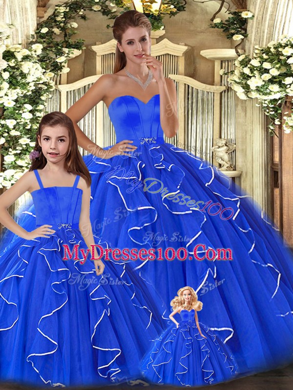 Blue Tulle Lace Up Sweetheart Sleeveless Floor Length Vestidos de Quinceanera Beading and Ruffles