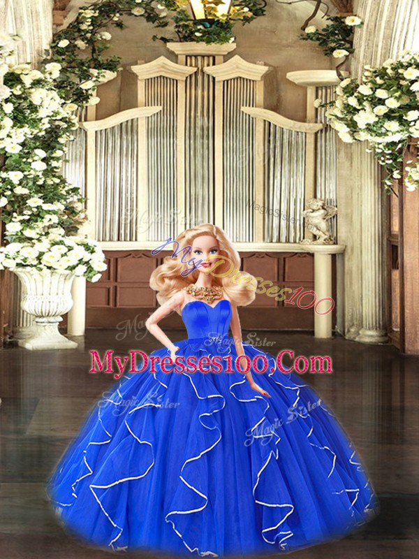 Blue Tulle Lace Up Sweetheart Sleeveless Floor Length Vestidos de Quinceanera Beading and Ruffles