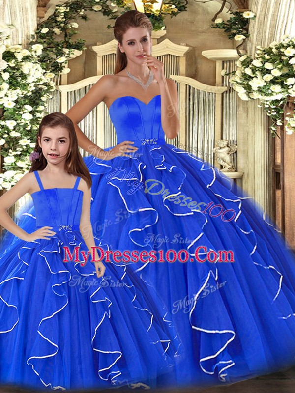 Blue Tulle Lace Up Sweetheart Sleeveless Floor Length Vestidos de Quinceanera Beading and Ruffles