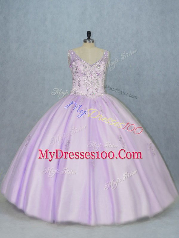 Floor Length Lace Up 15 Quinceanera Dress Lavender for Sweet 16 and Quinceanera with Beading