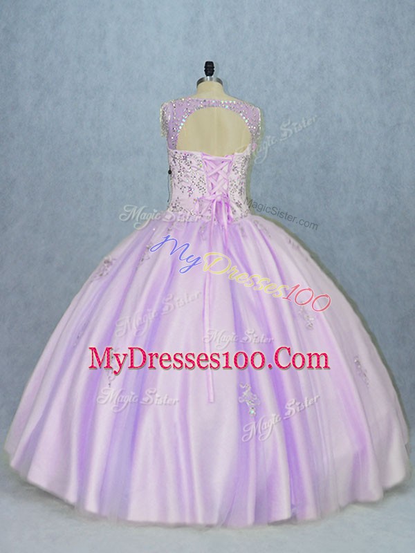 Floor Length Lace Up 15 Quinceanera Dress Lavender for Sweet 16 and Quinceanera with Beading