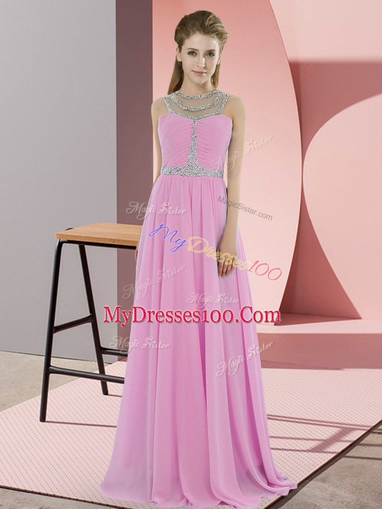 Sleeveless Floor Length Beading Zipper Dress for Prom with Rose Pink