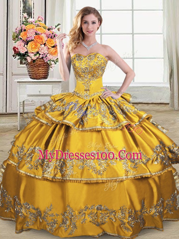 Gold Satin and Organza Lace Up Bridesmaid Dresses Sleeveless Floor Length Embroidery and Ruffled Layers
