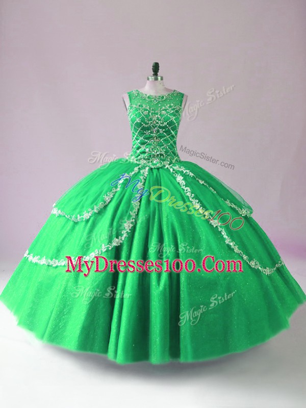 Elegant Green Ball Gowns Scoop Sleeveless Tulle Floor Length Zipper Beading 15 Quinceanera Dress