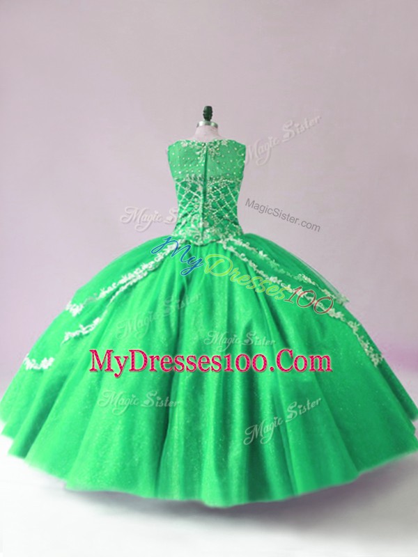 Elegant Green Ball Gowns Scoop Sleeveless Tulle Floor Length Zipper Beading 15 Quinceanera Dress