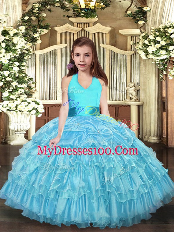 Floor Length Aqua Blue Little Girl Pageant Dress Organza Sleeveless Ruffled Layers