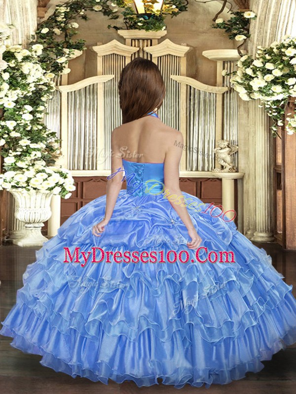 Floor Length Aqua Blue Little Girl Pageant Dress Organza Sleeveless Ruffled Layers
