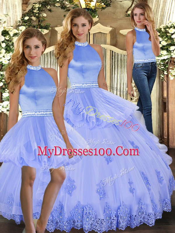 Artistic Sleeveless Tulle Floor Length Backless Vestidos de Quinceanera in Lavender with Beading and Appliques