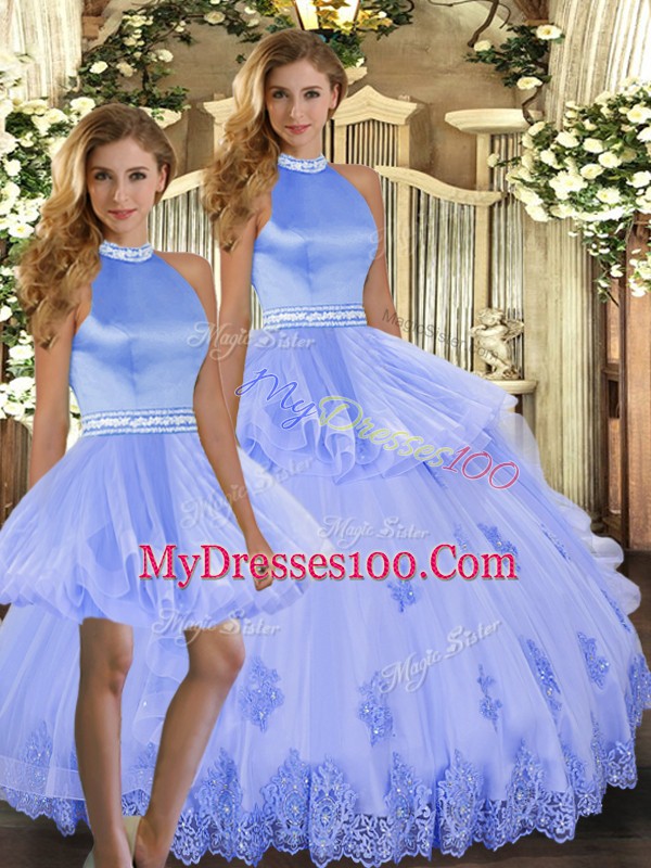 Artistic Sleeveless Tulle Floor Length Backless Vestidos de Quinceanera in Lavender with Beading and Appliques