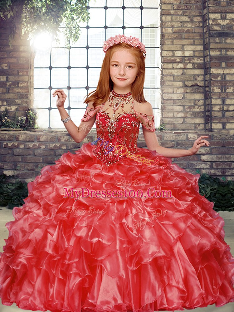 Customized Red Lace Up High-neck Beading and Ruffles Kids Pageant Dress Organza Sleeveless