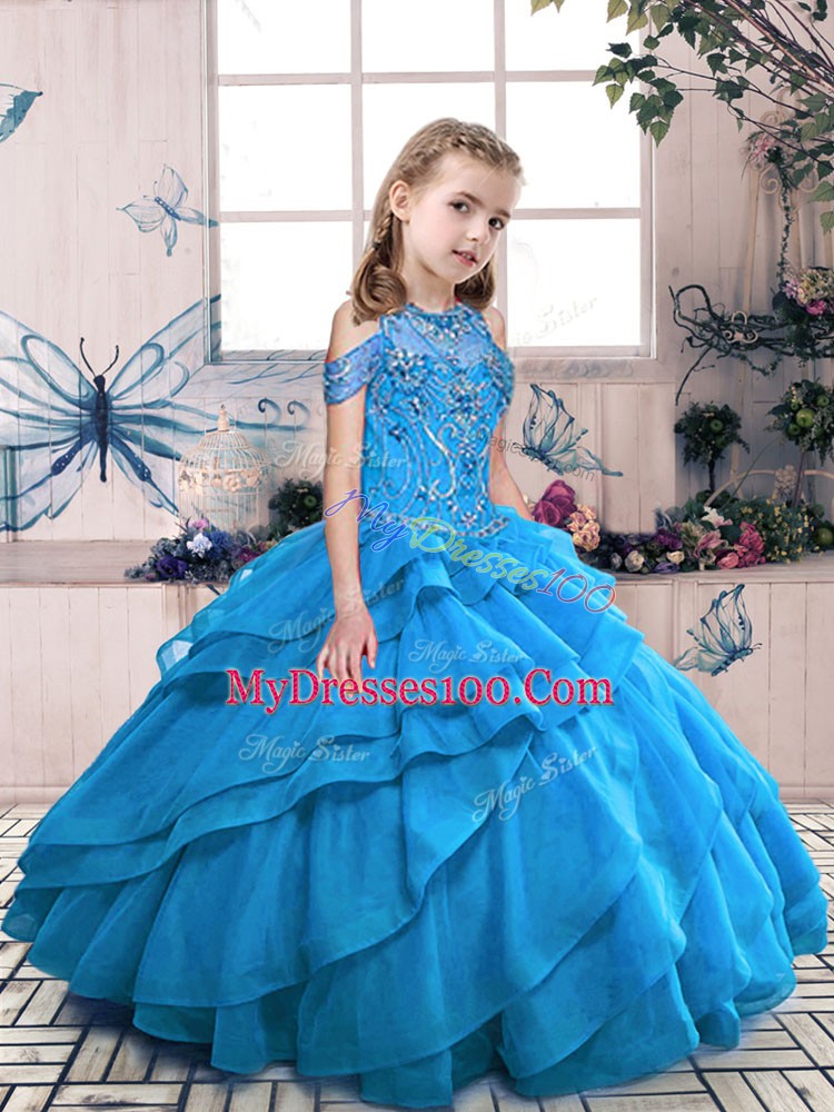 High-neck Sleeveless Lace Up Little Girl Pageant Dress Aqua Blue Organza