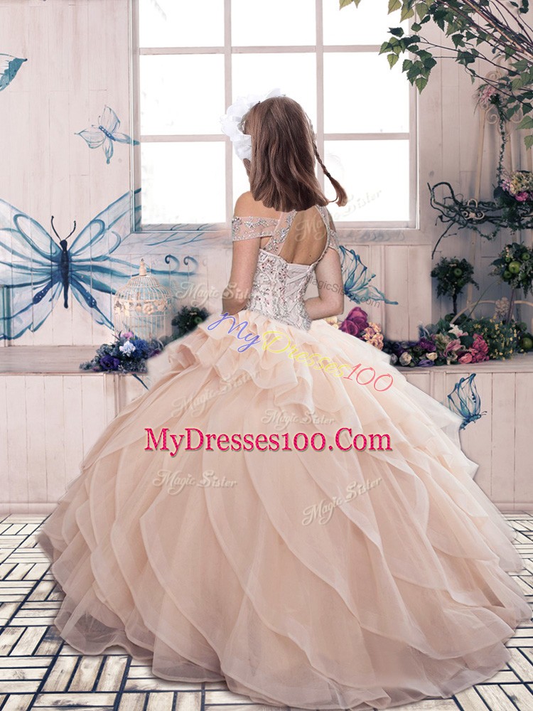 High-neck Sleeveless Lace Up Little Girl Pageant Dress Aqua Blue Organza