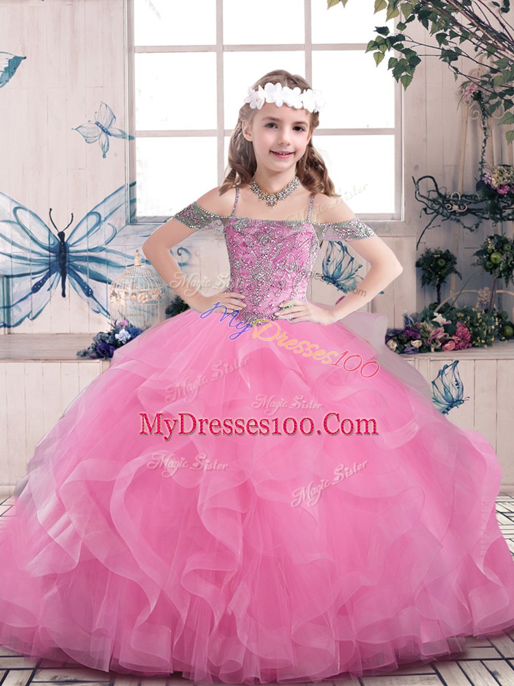 Cheap Lilac Lace Up Off The Shoulder Beading Pageant Dress for Teens Tulle Sleeveless