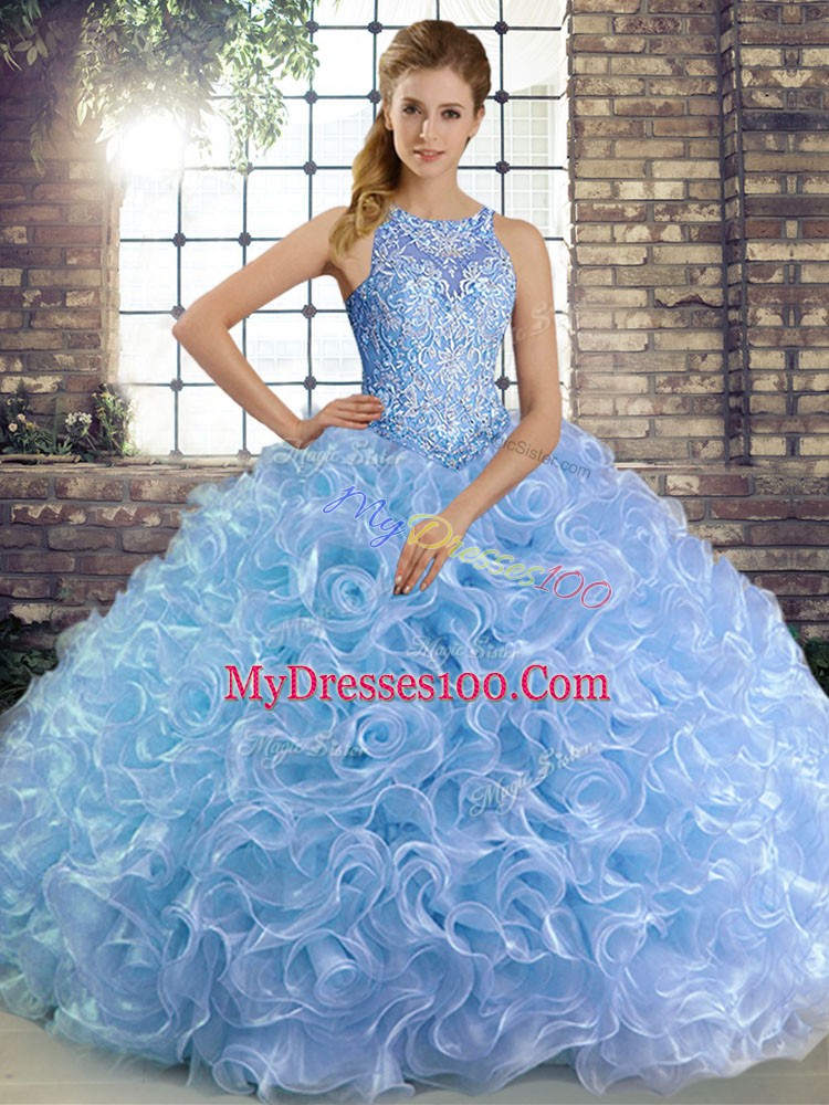 Affordable Fabric With Rolling Flowers Sleeveless Floor Length Sweet 16 Quinceanera Dress and Beading