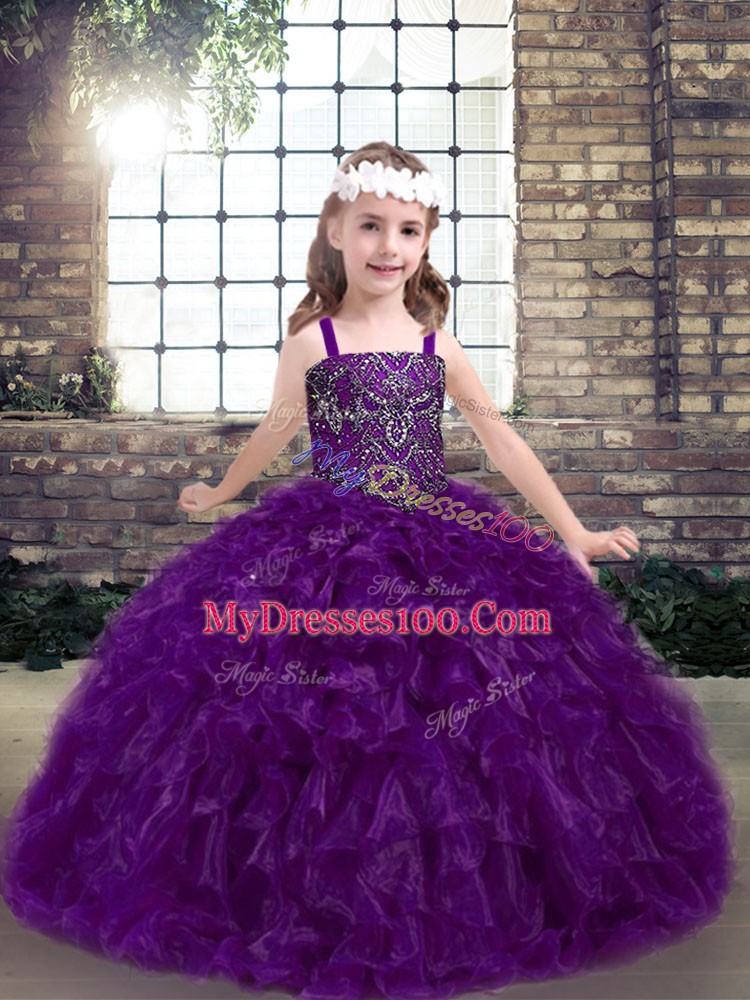 Eggplant Purple Straps Lace Up Beading and Ruffles Child Pageant Dress Sleeveless