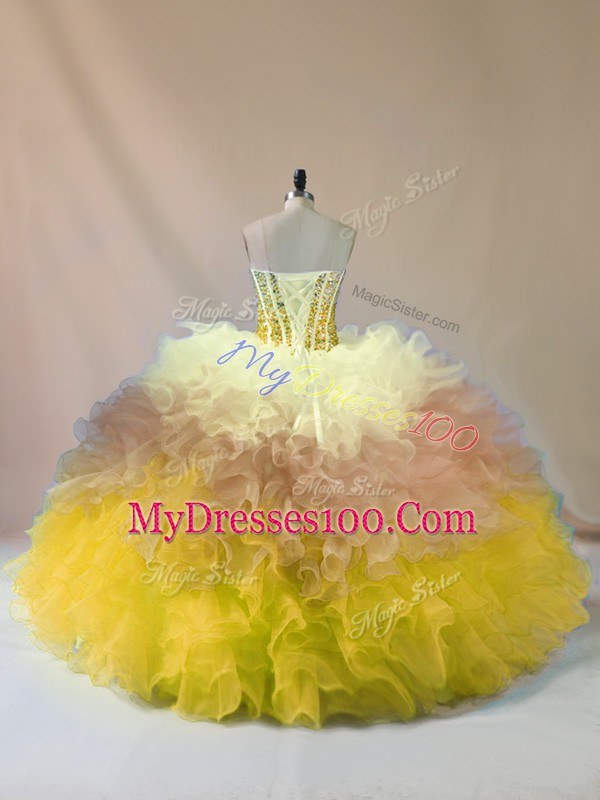 Affordable Multi-color Sleeveless Floor Length Beading and Ruffles Lace Up 15th Birthday Dress