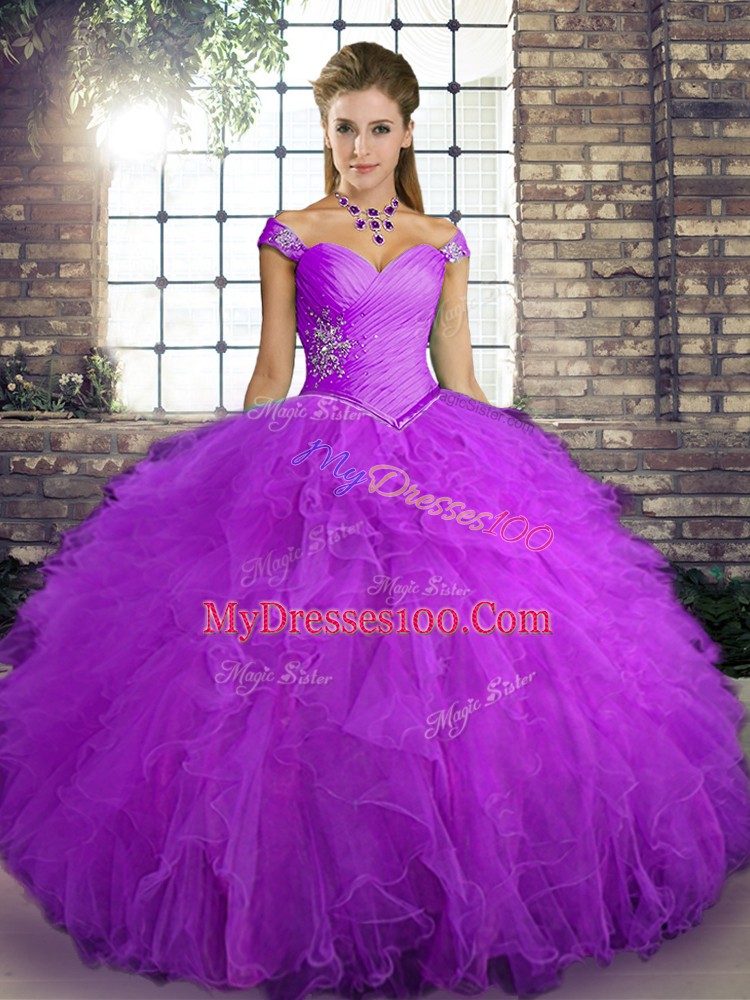 Tulle Sleeveless Floor Length Quince Ball Gowns and Beading and Ruffles